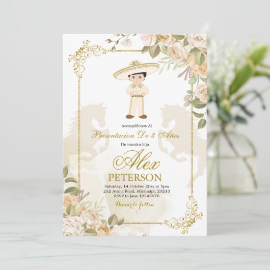 Spaanse Mexicaanse Gold Charro 3 Anos Uitnodiging (Staand voorkant)