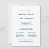 Spaanse minimalistische blauw en wit twee receptie kaart (Voorkant)