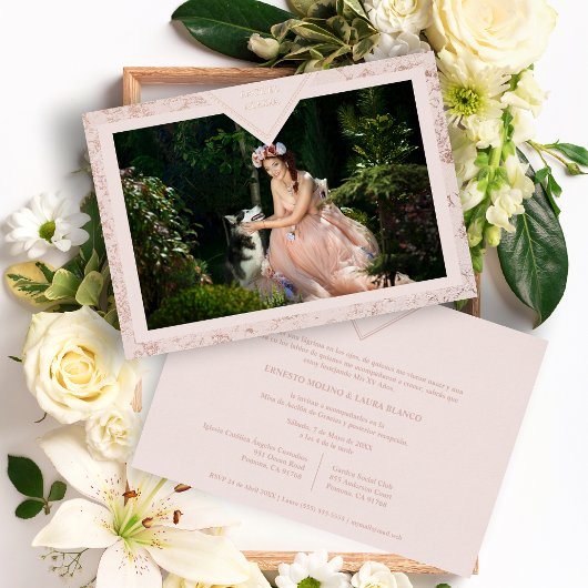 Spaanse Mis XV Años Real Roos Gold Fancy Textuur Folie Uitnodiging