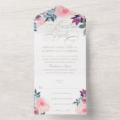 Spaanse Nuestra Boda Flores Morado y Rosa Wedding All In One Uitnodiging (Binnen)