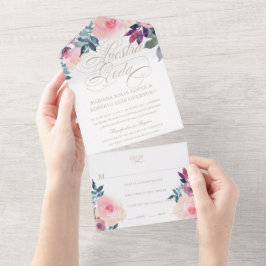 Spaanse Nuestra Boda Flores Morado y Rosa Wedding All In One Uitnodiging
