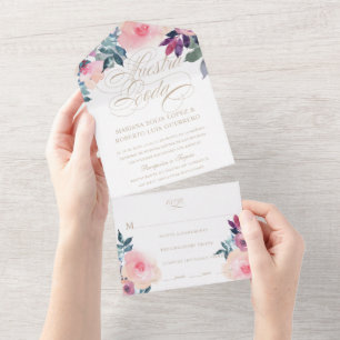Spaanse Nuestra Boda Flores Morado y Rosa Wedding All In One Uitnodiging