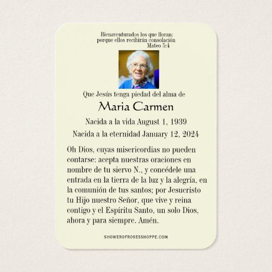 Spaanse Onze-Lieve-Vrouw van San Juan Begrafenis H Visitekaartje (Achterkant)