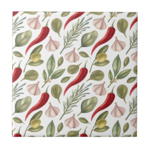 Spaanse peper, knoflook, olijven en kruiden tegeltje