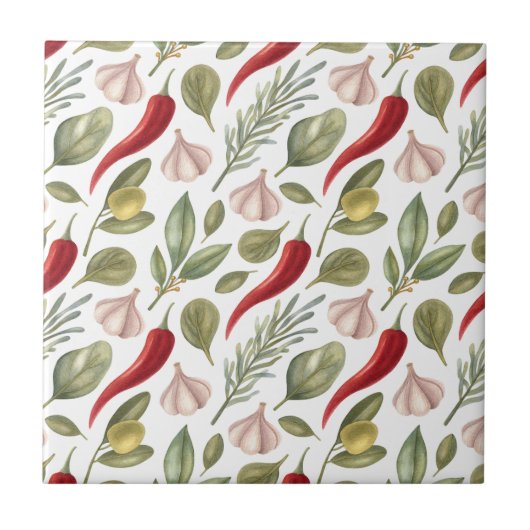 Spaanse peper, knoflook, olijven en kruiden tegeltje (Voorkant)