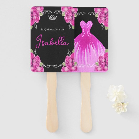 SPAANSE PINK & BLACK QUINCEAÑERA - ELEGANTE ROZEN HANDWAAIER (Voorkant en achterkant)