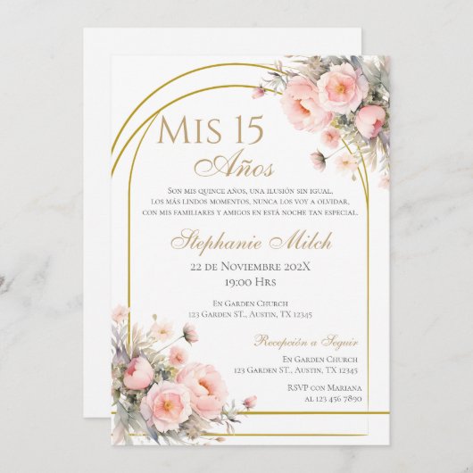 Spaanse Quinceanera Bloemenuitnodiging Kaart (Voorkant / Achterkant)