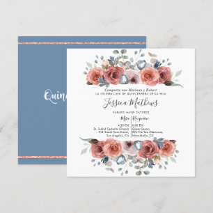 Spaanse Quinceanera, Dusty Blue en Pink Floral Kaart