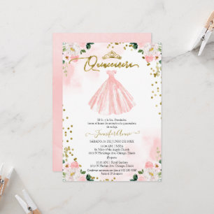 Spaanse Quinceanera Uitnodiging Roze Bloemjurk