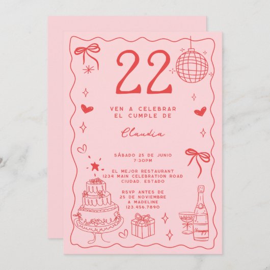 Spaanse Retro Quirky Rood Roze 22e Verjaardag Kaart (Voorkant / Achterkant)