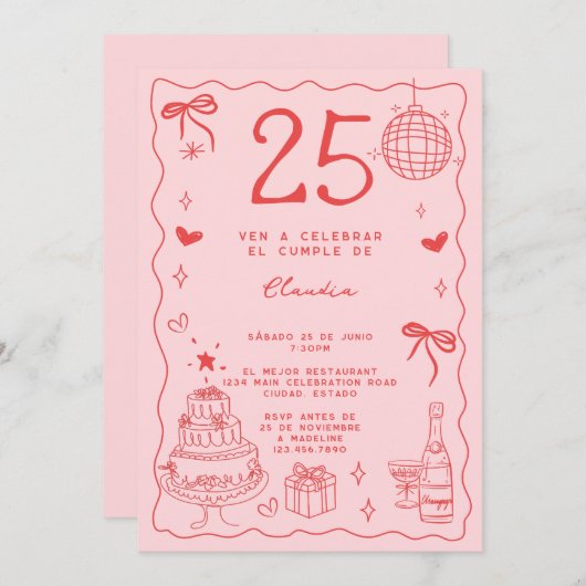 Spaanse Retro Quirky Rood Roze 25ste Verjaardag Kaart (Voorkant / Achterkant)