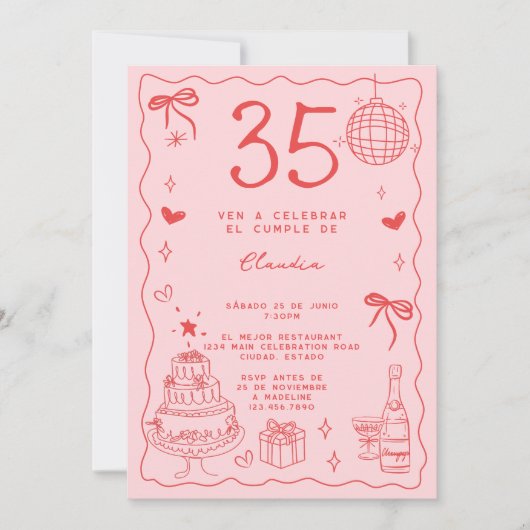 Spaanse Retro Quirky Rood Roze 35ste Verjaardag Kaart (Voorkant)