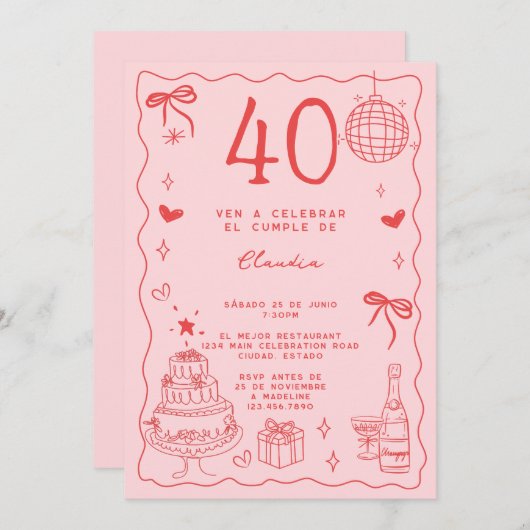 Spaanse Retro Quirky Rood Roze 40ste Verjaardag Kaart (Voorkant / Achterkant)