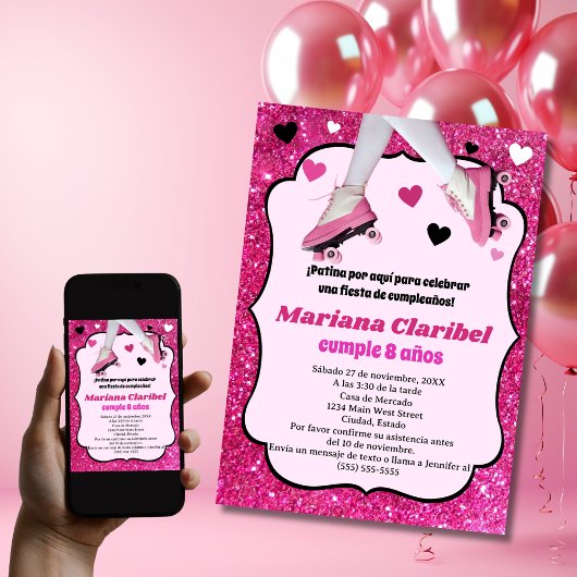 Spaanse Retro Roze Glitter Schaatsen Meisje Verjaa Kaart