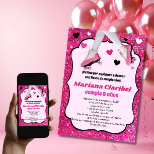 Spaanse Retro Roze Glitters Schaats Meisje Verjaar Kaart