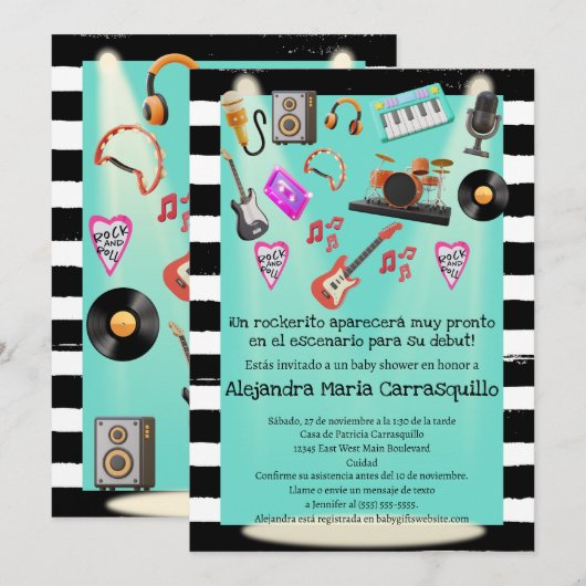Spaanse Rock n Roll Blauwgroen Baby Boy Shower Kaart (Voorkant / Achterkant)