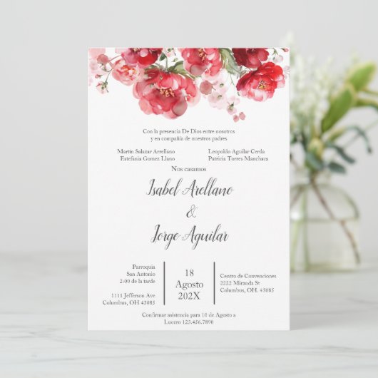 Spaanse rode bloem bruiloft uitnodiging (Staand voorkant)