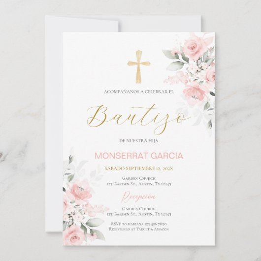 Spaanse Roze Bloem Doop Meisje Kaart (Voorkant)