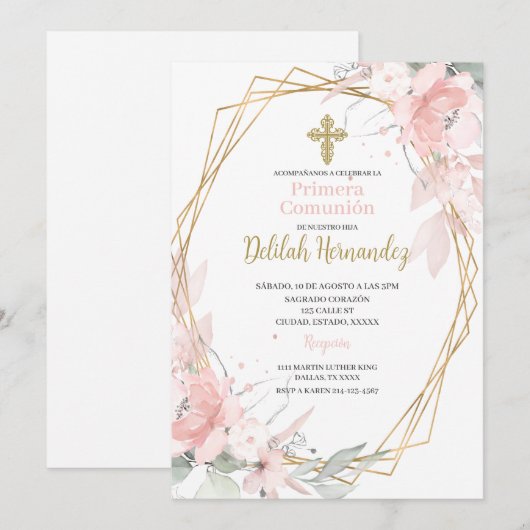 Spaanse roze blos bloesem eerste communie kaart (Voorkant / Achterkant)