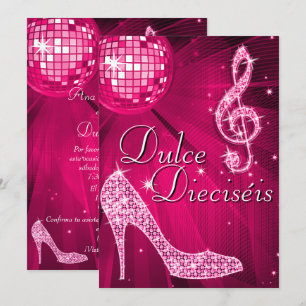 Spaanse Roze Disco Bal & Glitter Hakken Sweet 16 Kaart