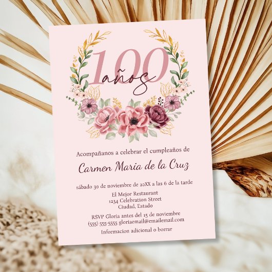 Spaanse Roze Elegante Bloemen 100ste Verjaardagsfe Kaart