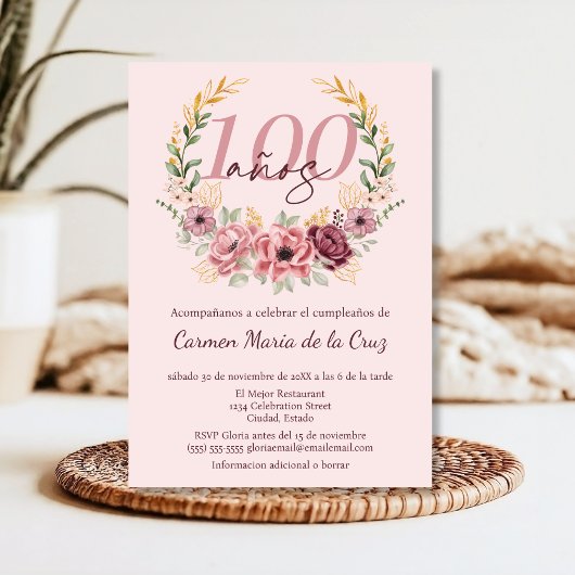 Spaanse Roze Elegante Bloemen 100ste Verjaardagsfe Kaart