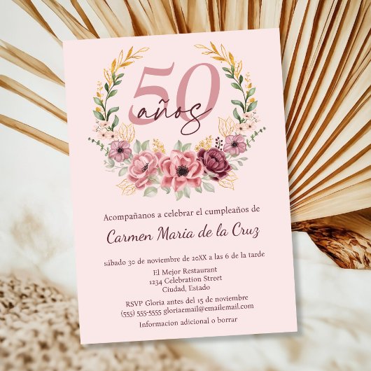 Spaanse Roze Elegante Bloemen 50ste Verjaardagsfee Kaart