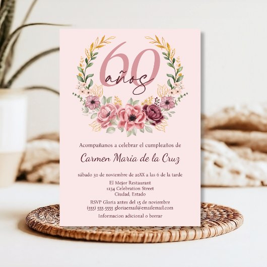 Spaanse Roze Elegante Bloemen 60ste Verjaardagsfee Kaart