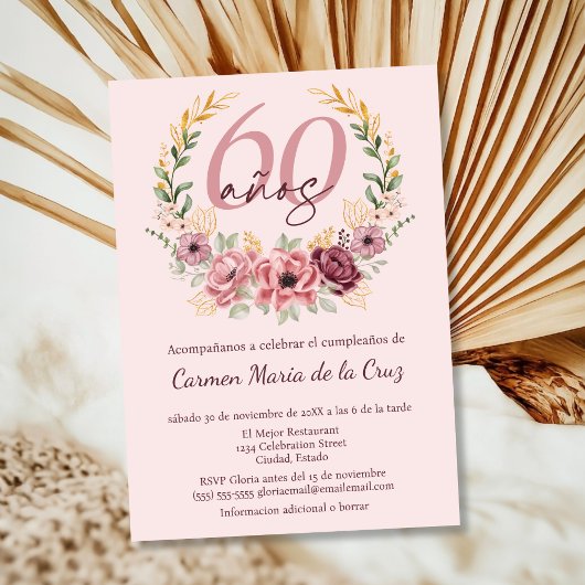 Spaanse Roze Elegante Bloemen 60ste Verjaardagsfee Kaart