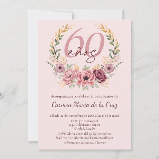 Spaanse Roze Elegante Bloemen 60ste Verjaardagsfee Kaart (Voorkant)