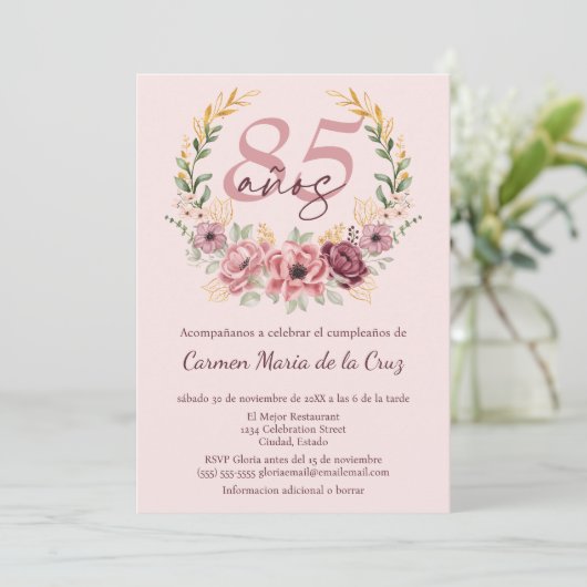 Spaanse Roze Elegante Bloemen 85ste Verjaardagsfee Kaart (Staand voorkant)