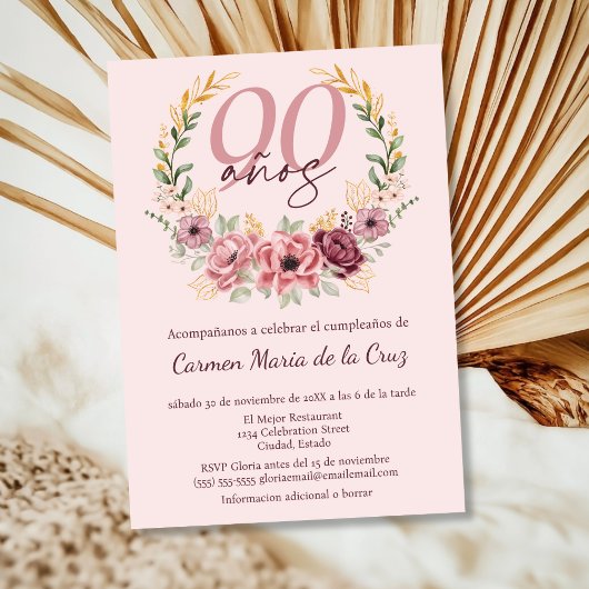 Spaanse Roze Elegante Bloemen 90ste Verjaardagsfee Kaart