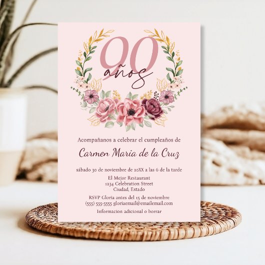 Spaanse Roze Elegante Bloemen 90ste Verjaardagsfee Kaart