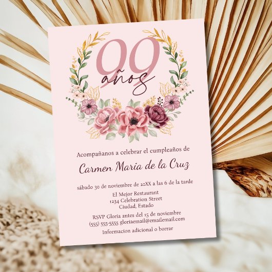 Spaanse Roze Elegante Bloemen 99ste Verjaardagsfee Kaart