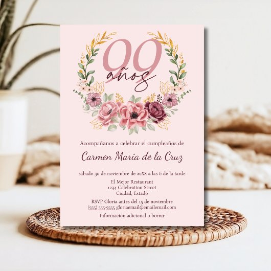 Spaanse Roze Elegante Bloemen 99ste Verjaardagsfee Kaart