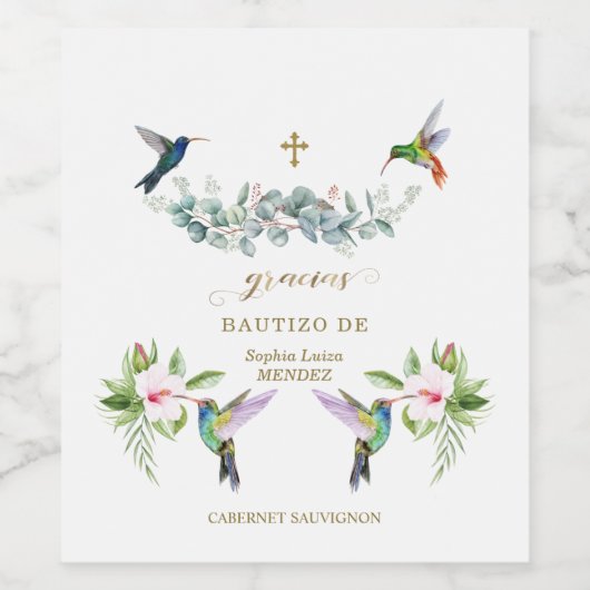 Spaanse Roze Hibiscus Bloemen Eucalyptus Bautizo Wijn Etiket (Enkel label)