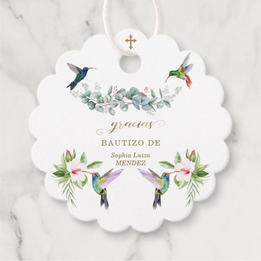 Spaanse Roze Hibiscus Bloemen Eucalyptus Doopfeest Bedankjes Labels (Voorkant)