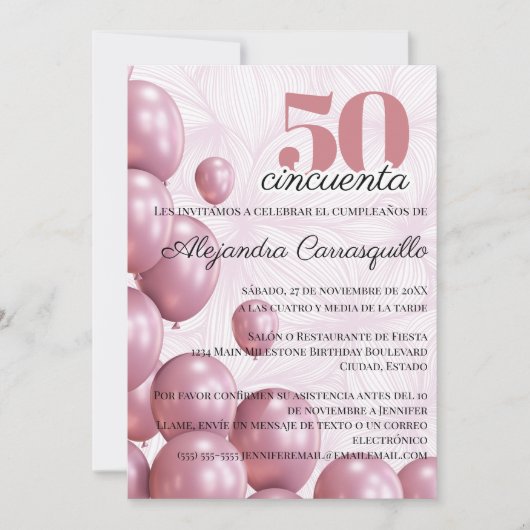 Spaanse Roze Roos Bloem Ballonnen 50e Verjaardag Kaart (Voorkant)