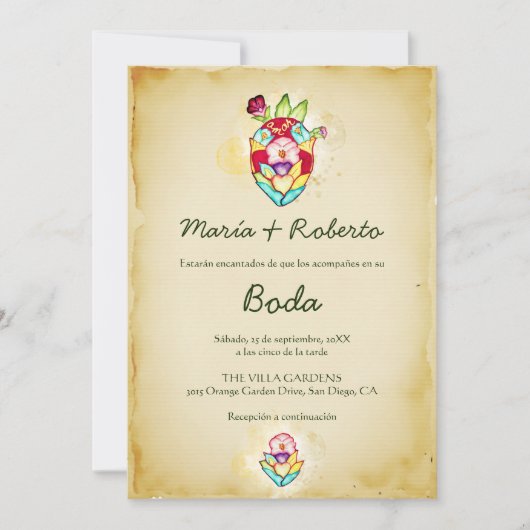 Spaanse, rustieke Bloemen Hart Mexicaanse bruiloft Kaart (Voorkant)