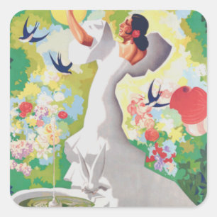 Spaanse Senorita Vogels Bloemen Feest Tuin Vierkante Sticker