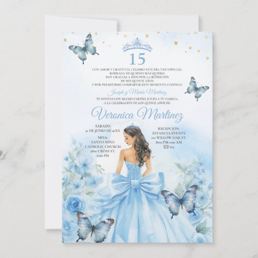 Spaanse Stofblauwe Prinses Vlinder Boog 15 Jaar Kaart (Voorkant)