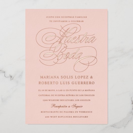 Spaanse taal Nuestra Boda Roos Gold Folie Uitnodiging (Voorkant)
