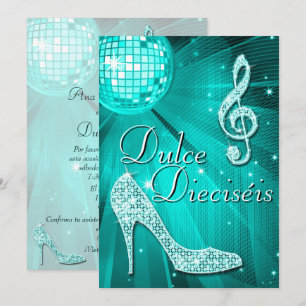 Spaanse Teal Disco Bal en Glitter Hakken Sweet 16 Kaart
