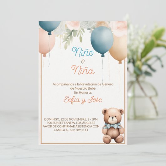 Spaanse Teddybeer Geslacht Onthulling Uitnodiging (Staand voorkant)
