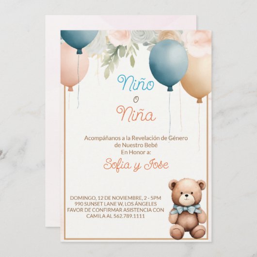 Spaanse Teddybeer Geslacht Onthulling Uitnodiging (Voorkant / Achterkant)