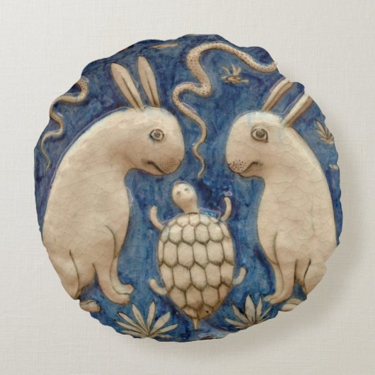  Spaanse Tegel Dierlijke Konijnenschildpad Blauw Rond Kussen (Achterkant)