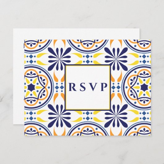 Spaanse tegel geel marine huwelijks RSVP MAALTIJDK Uitnodiging Briefkaart (Voorkant / Achterkant)