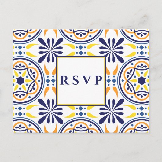 Spaanse tegel geel marine huwelijks RSVP MAALTIJDK Uitnodiging Briefkaart (Voorkant)