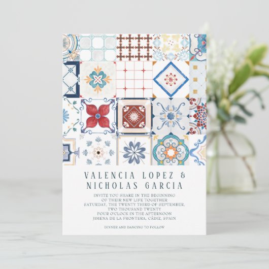 Spaanse tegel trouwkaart save the date (Staand voorkant)