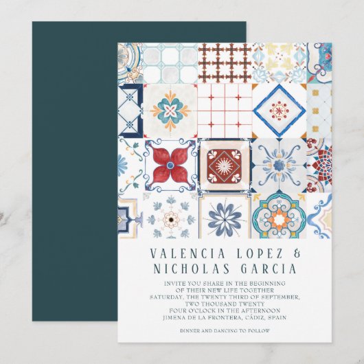 Spaanse tegel trouwkaart save the date (Voorkant / Achterkant)